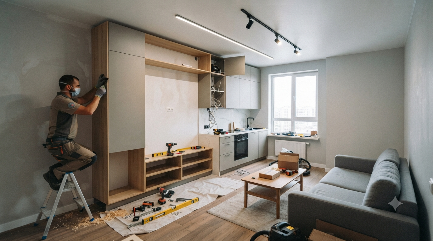 Personalização de apartamento compacto com instalação de móveis planejados em Curitiba